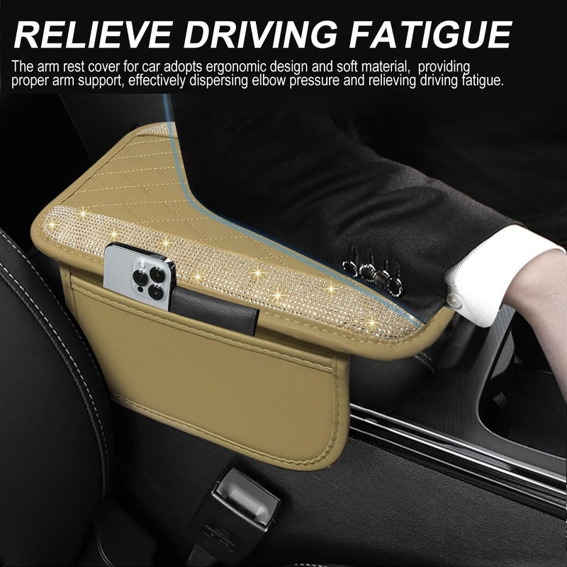 NBTEPEM Bling Beige Car Center Console Cover, Leather Car Arm Rest Cover with 2 Storage Bags, Universal Auto Armrest Protector Storage Box, Bling Accessories Interior for Most Vehicles - Image 4